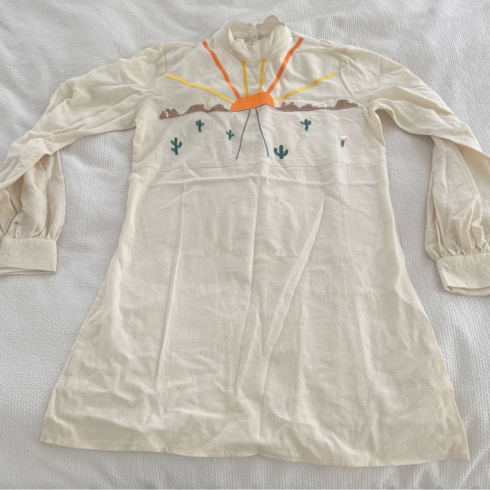 Cream Long Sleeve Dress with Embroidered Design